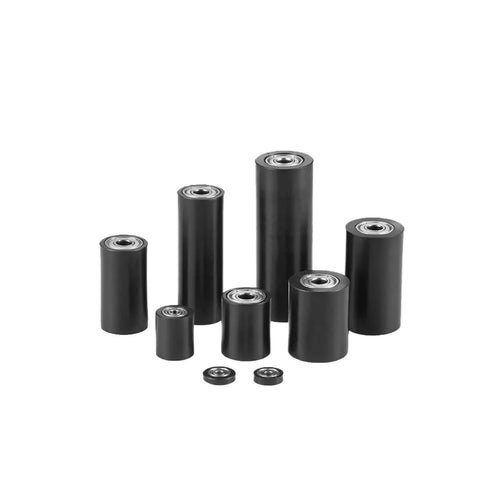 Heavy Duty Black Nylon Bearing Roller Guide With Rubber Coated Pulley For Industrial Machinery Parts, various sizes displayed.