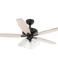 Farmhouse Ceiling Fan With Light And Remote, 52 Inch Outdoor Ceiling Fan in Oak and Black, Clear Seeded Glass Light Kit