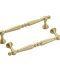 Heavy Duty Five Inch Solid Brass Cabinet Pulls In Brushed Matte Gold, featuring detailed design for kitchen and bathroom use.