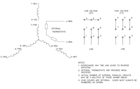 Wiring diagram for Single 5 HP 3-Phase TEFC Electric Motor 230/460V 60Hz 3470 RPM, 184TC Frame, reversible rotation setup