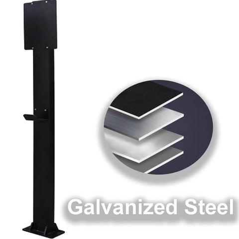 Heavy Duty Galvanized Steel EV Charger Holder Stand With A Tough Waterproof Cover Box For Outdoor Garages And Workplace Parking Lots Easy Install Cord Management Rack In Matte Black shown with showcasing material layers.