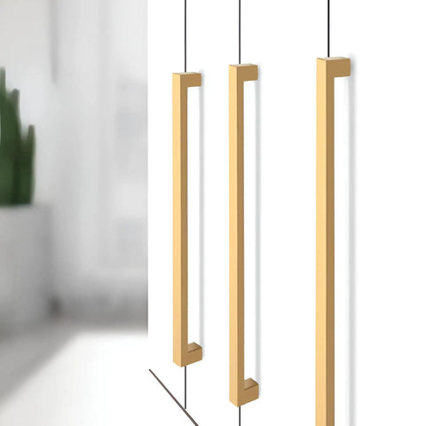 Hella Sleek And Top Shelf 10 Pack 15 Inch Cabinet Pulls For Kitchen Cabinets And Dresser Drawers Stainless Steel Gold Square Handles displayed on a white cabinet.
