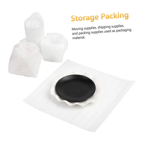 100 Pack White EPE Foam Pouches For Moving And Shipping Sweet Protective Cushioning Wrap Bags For Fragile Plates And Delicate Glassware Tight Fit With Zero Hassle Packaging with foam pouches and a black plate.