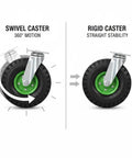 Swivel and rigid caster wheels demonstrating movement types on Heavy Duty Ten Inch Pneumatic Caster Wheels Four Pack.