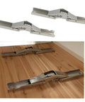Two Piece 90 Degree Folding Hidden Hinge for Tables and Cabinets shown in a pack of two and installed view on wood surface