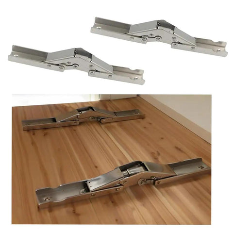 Two Piece 90 Degree Folding Hidden Hinge for Tables and Cabinets shown in a pack of two and installed view on wood surface