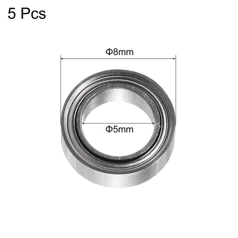 5 Pcs SMR85ZZ Stainless Steel Ball Bearings 5mm By 8mm By 2.5mm Dual Shielded Miniature showing dimensions and rustproof design.