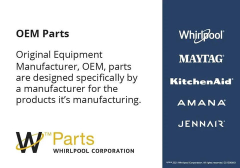 OEM parts description by Whirlpool with logos of partner brands, focusing on replacement parts like Front Load Washer Water Pump Replacement Part Genuine OEM Quality Replaces W10918044 W10903216 W10799064 And More, Designed For Easy DIY Repair, Quiet Operation, Extended Lifespan, And Reliable Performance.
