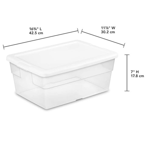 Stackable Clear Plastic Storage Bins 16 Quart 24 Pack, clear storage bin measuring 16¾" L x 11⅛" W x 7" H for organizing gear.