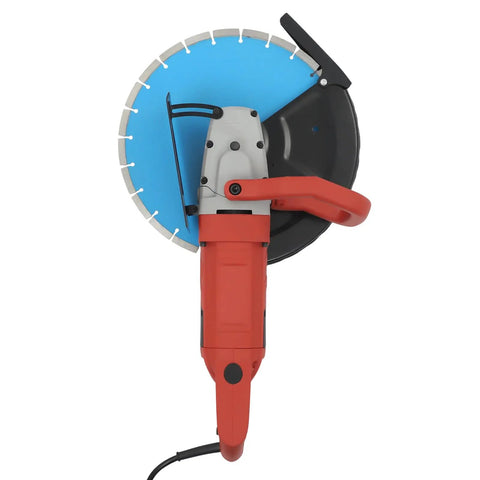Badass 3000W 14 Inch Electric Concrete Saw With Built In Water Pump For Wet And Dry Cuts, top view with diamond blade.