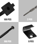 Badass Composite Decking Fastener Kit With 100 Nylon Hidden T Clips And 304 Stainless Steel Start Clips Including 108 Screws Plus 2 Drive Bits For 55 Sq Ft Universal Deck Board Installation Project components including T clips, screws, and drive bits.