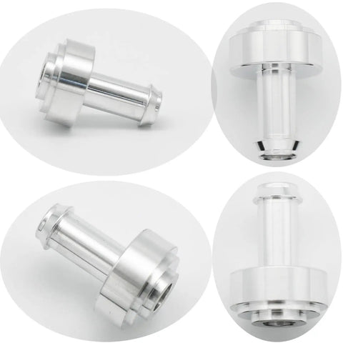 Slick Hot Rod Ready 1/4 Inch Hose Barb Weld On Bung Fitting Machined From 6061 T6 Billet Aluminum Pack Of Two, showcasing detailed side and top views.