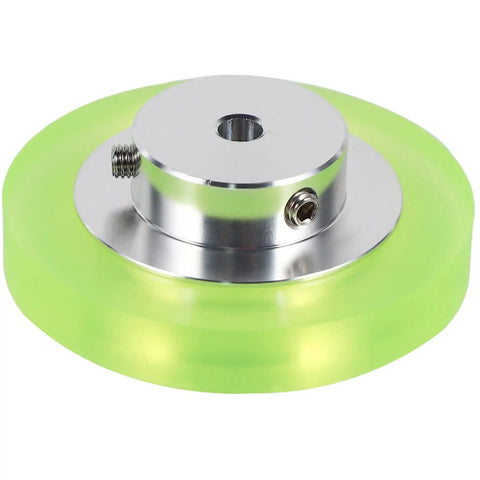 Pro Grade Aluminum Polyurethane Encoder Wheels Built Tough For Exact Speed And Position Tracking Heavy Duty Industrial Rotary Sensor Gauge High Resolution 200Mm Perimeter 3 Pack - Detailed view of green wheel with silver center.