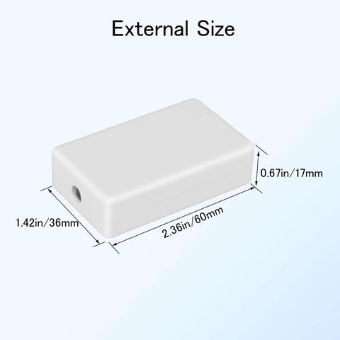 Compact ABS Plastic Electrical Project Box Enclosure Kit 8 Piece White Small Junction Box For DIY Power Electronics Space Saving Enclosure With External 2.36 x 1.42 x 0.67 Inches And Internal 2.17 x 1.22 x 0.47 Inches, external size view
