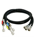 Heavy Duty Five Foot Refrigerant Charging Hoses With Straight Shot Ball Valve And Matte Black Chrome Accents set with colored plugs and durable design.