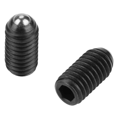 Built Rugged Carbon Steel M6 Hex Socket Ball Spring Plunger Set Ten Piece Lock Tight Screw Thread Mechanical Clamp Positioning Fastener Heavy Duty Garage Ready Hardware showing two black carbon steel spring ball plungers.