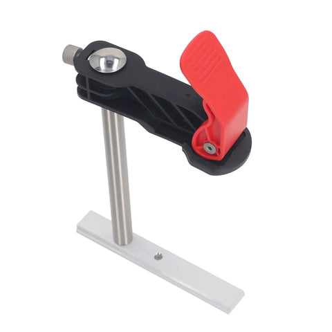 Top Notch Stainless Steel Hold Down Clamps Set Quick Release Bench Dogs Killer For Woodworking Drilling Tables Shop Benches Groove Mounts Rugged Workshop Gear with red lever and sturdy base.