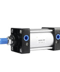 Heavy Duty Double Acting Pneumatic Air Cylinder Featuring Reinforced Tie Rod Build front view with blue nozzle and metallic body.