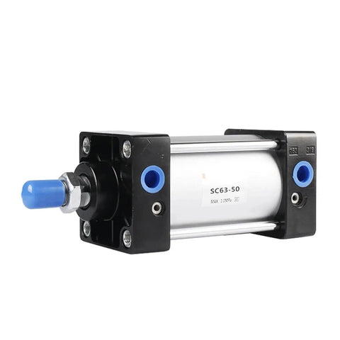 Heavy Duty Double Acting Pneumatic Air Cylinder Featuring Reinforced Tie Rod Build front view with blue nozzle and metallic body.
