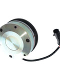 Front view of electromagnetic brake for forklifts, round metal housing with black wire lead and connector.