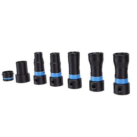 Quick Switch Vacuum Hose Adapters For Dust Collection System, 360 Degree Rotating Connectors with interchangeable clips in various sizes.