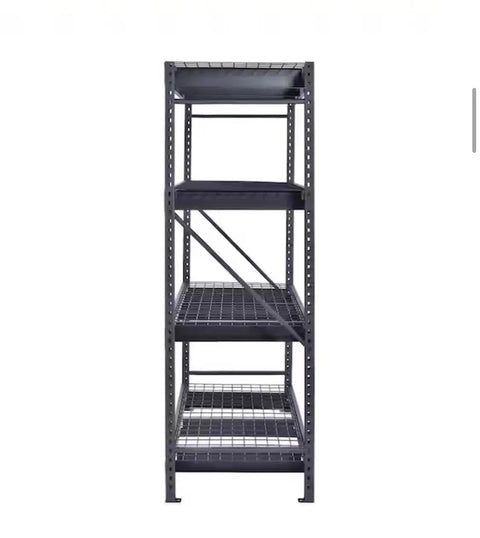 Industrial Steel Garage Shelving Unit Featuring Heavy Duty Metal Storage Rack With Adjustable Tier Layout For Badass Workshop Organization And Insanely Heavy Load Support side view of five-tier shelving unit with black powder coat finish.