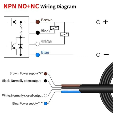 NPN NO+NC wiring diagram for Background Suppressed Diffuse Reflection Photoelectric Sensor, showing color-coded wiring connections