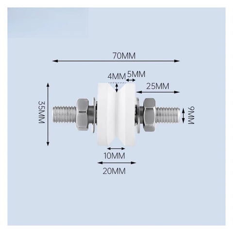 Rock Solid Single Wheel Pulley For Heavy Duty Sliding Door Track Hardware With Smooth As Butter Nylon Rollers And Knockout Load Bearing Steel Core Fixed U V Shaped Guide Setup dimensions shown with steel bolts and nylon rollers.