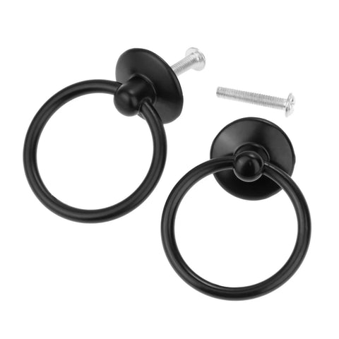 Two Pack Black Iron Cabinet Ring Pulls With Screws In A Single Hole Design For Kitchen Cabinets Wardrobes Dressers And Furniture Hardware 0.98 By 2.05 Inches Overall Size With 1.73 Inch Ring Diameter