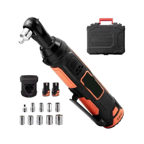Doggone Tough 3/8 Inch Cordless Electric Ratchet Wrench Kit with accessories, 12V power, and two 2.0AH batteries for quick tasks.