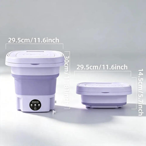 No Hustle Foldable Washing Machine With Three Deep Clean Settings And Super Chill Spin Dry dimensions and design features illustrated.