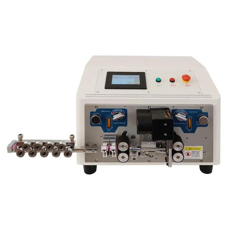 Workhorse Automatic Wire Cutting And Stripping System Handles Two To Four Conductor Cable With Smart Touch Panel and control knobs.