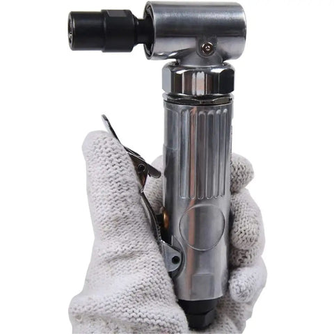 Heavy Hitter 90 Degree Angle Sander With 2000 RPM Variable Throttle And Inline Regulator Compact Pneumatic Mini Grinder held by a gloved hand.