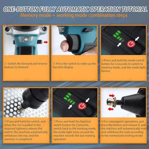 Heavy-Duty Boss 26V Automatic Rivet Nut Gun Cordless With LED Light And Memory Mode operation tutorial showing button functions.