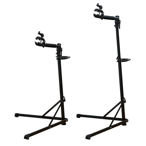 Mechanic Bike Repair Stand With Adjustable Height And Tilt Pro Grade Quick Release 360 Degree Rotation Heavy Duty Clamp Holds Up To 55 Lbs Works With Standard Mountain And Road Bikes Tool Plate Included, showing two stands side by side.