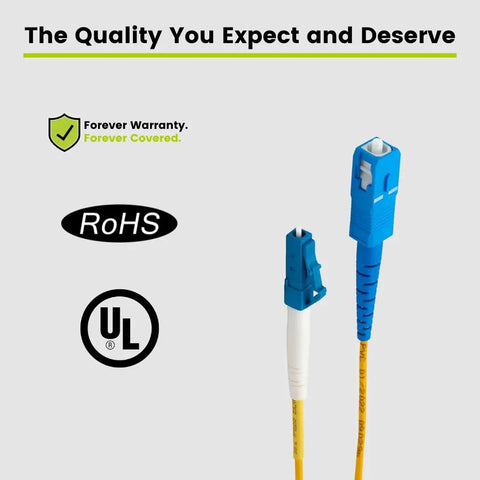 Rock Solid Plug And Play LC To SC OS2 Singlemode Fiber Patch Cable 7 Meters Yellow Simplex showing connectivity ends and certification logos.