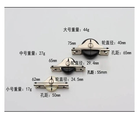Straight Shooting Shower Door Rollers And Heavy Duty Sliding Track Wheels With Bulletproof Nylon Ball Bearings, three sizes shown, 75mm, 65mm, 62mm.