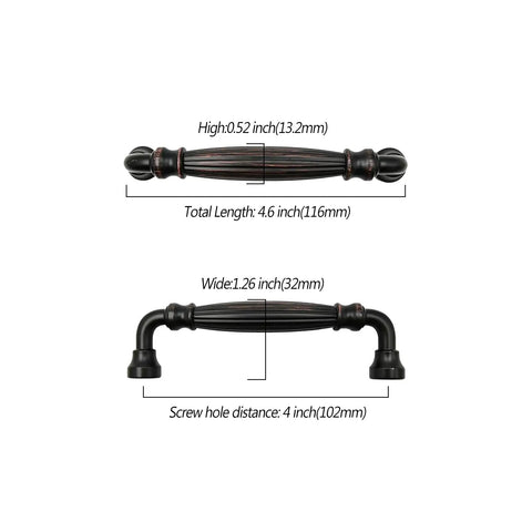 Slick 4 Inch Oil Rubbed Bronze Kitchen Cabinet Handles with Heft Smooth Pulls for Cabinets and Drawers Dark Satin Finish Easy Install Hardware That Makes Your Kitchen Look Sharp as a Pin 10 Pack, showing dimensions and details.