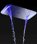 Straight Up Luxury Ceiling Mount Shower System With Remote Led Head And Mist Waterfall Spray Boasting Smart Temp Control And Heavy Duty Rust Proof Body, showcasing LED rain curtain with dual waterfall streams.