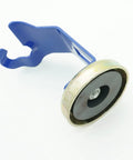 MIG Torch Holder With Strong Magnetic Base For Welding Gun Storage, blue metal hook and magnetic base, angled view