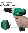 Rock Solid 12V Cordless Drill Set With Keyless Chuck And Two Speed Gearbox, compact design for comfortable operation.