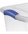 27 Quart Medium Clear Plastic Storage Bin With Heavy Duty Latching Lid and Sturdy Handles For Garage And Closet Organization showing blue side handle.
