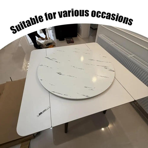 Built Different Wooden Lazy Susan Turntable With 360 Smooth Swivel Rotation For Dining Tables Kitchen Islands Black Serving Tray on a dining table.