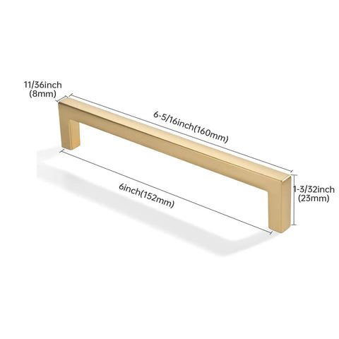 Heavy Duty Rock Solid 10 Pack Cabinet Drawer Pulls With Exact Six Inch Hole Spacing crafted in premium brushed gold, showing dimensions.