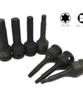 Three Eighth Inch Drive Socket Set Seven Piece Beefy Torx Bit Sockets Up To T60 With Black Oxide Coating, heavy-duty hand tools.