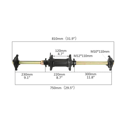810mm 32 Inch Rear Axle Kit For Go Karts ATVs UTVs Quads Buggy Golf Carts And 4 Wheelers Compatible With GY6 110cc 125cc 150cc 200cc 250cc Engines Diy Rebuild Axle Shaft Assembly With 4 Bolt Wheel Hubs, showing dimensions and specifications