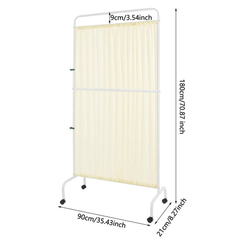 Built Tough Portable Room Divider Beige Medical Privacy Screen showing measurements, 70 inch Oxford partition for clinics and salons.