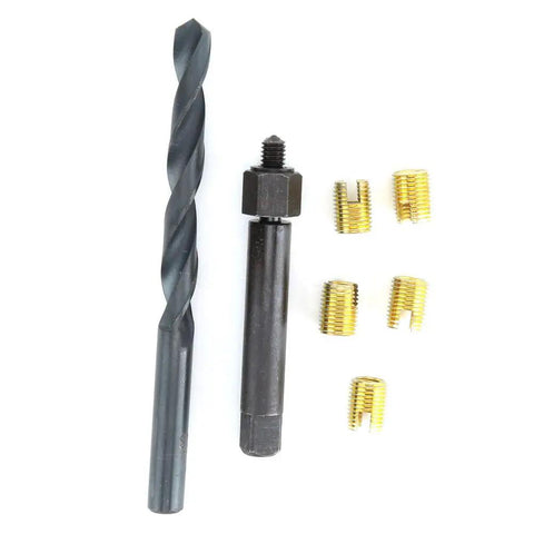 12 Piece M6x1 Thread Repair Kit with self thread inserts, drill bit, and installation tool for automotive machinery repairs.