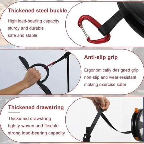 Close-up of Wall Mounted Flywheel Trainer features including thickened steel buckle and anti-slip grip for strong workouts.
