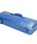 Serious Workhorse Iron Tool Chest With Adjustable Telescoping Handle And Secure Padlock Compatible Lock For Rugged Job Site Storage And Garage Gear Organization in blue, durable, steel box with clamps.